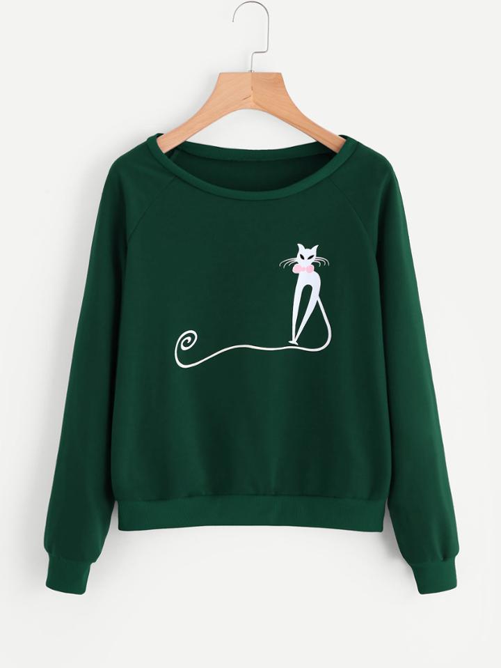 Shein Cartoon Cat Print Raglan Sleeve Pullover