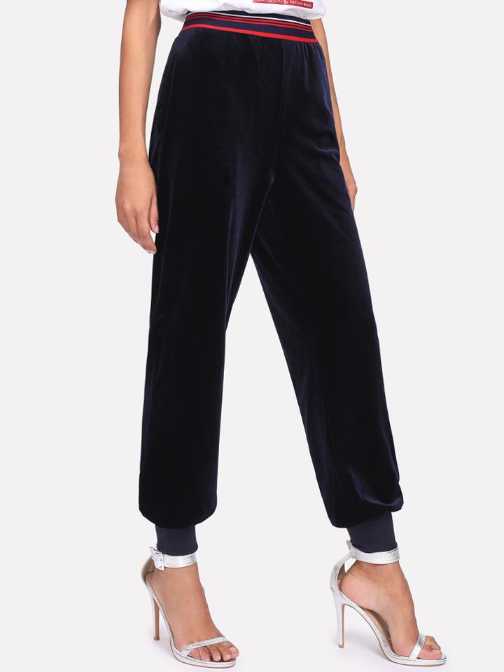 Shein Striped Waist Ribbed Hem Velvet Pants