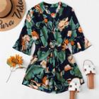 Shein Fluted Sleeve Floral Print Surplice Romper With Belt