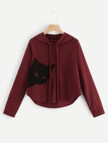 Shein Cat Print Dip Hem Drawstring Hoodie
