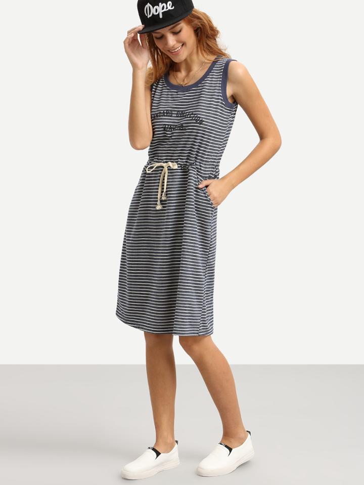Shein Navy White Striped Drawstring Waist Tank Dress