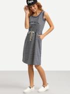 Shein Navy White Striped Drawstring Waist Tank Dress