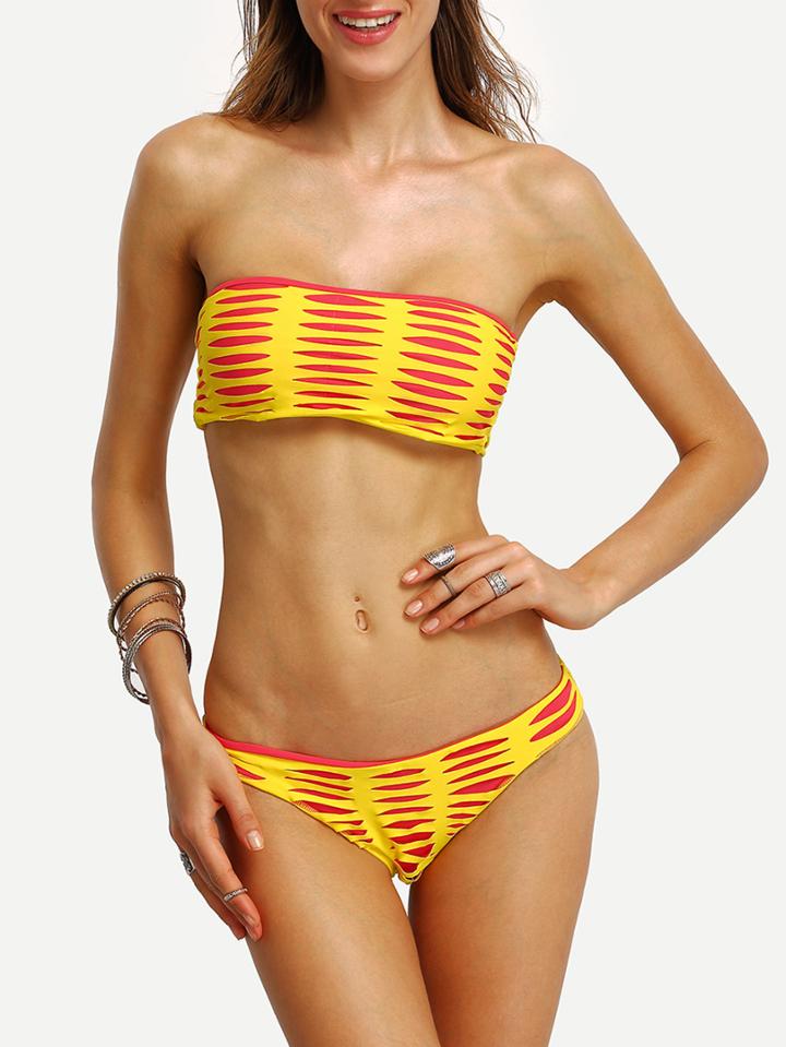 Shein Cutout Strappy Contrast Bandeau Bikini Set - Orange