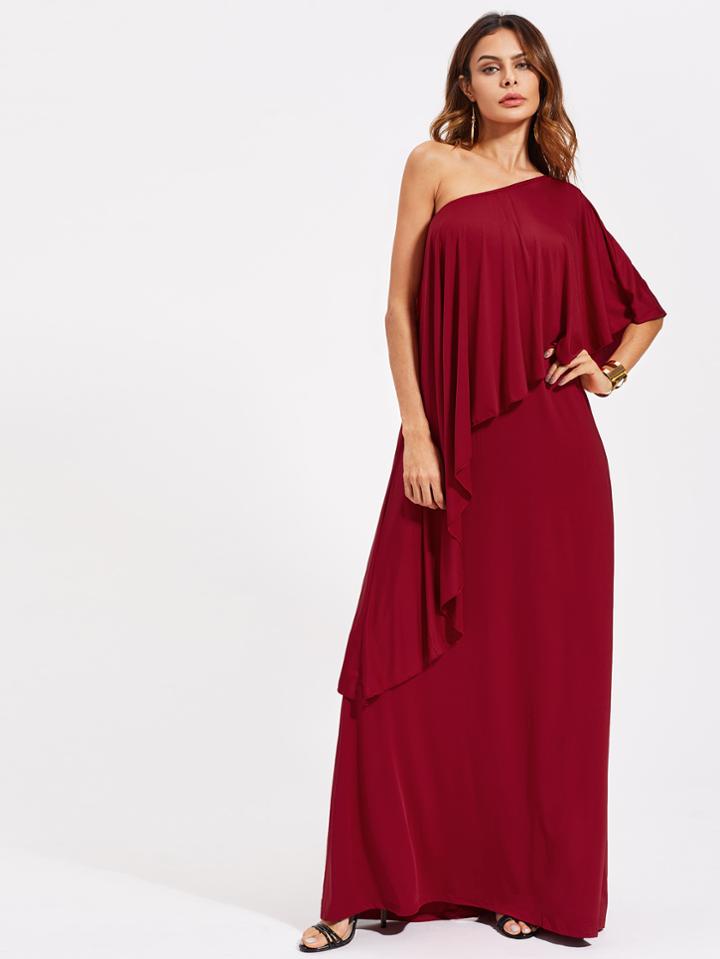 Shein Flounce Layered Oblique Shoulder Full Length Dress