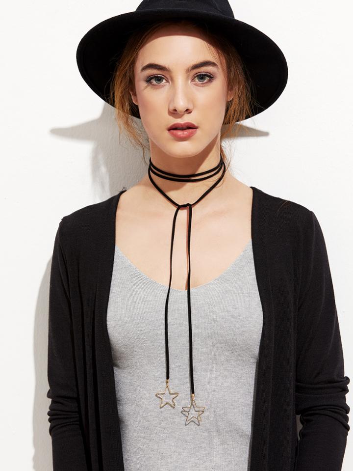 Shein Black Hollow Star Pendant Wrap Choker Necklace