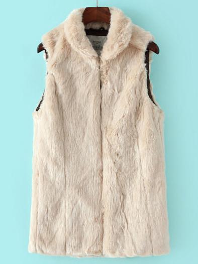 Shein Beige Lapel Sleeveless Faux Fur Vest