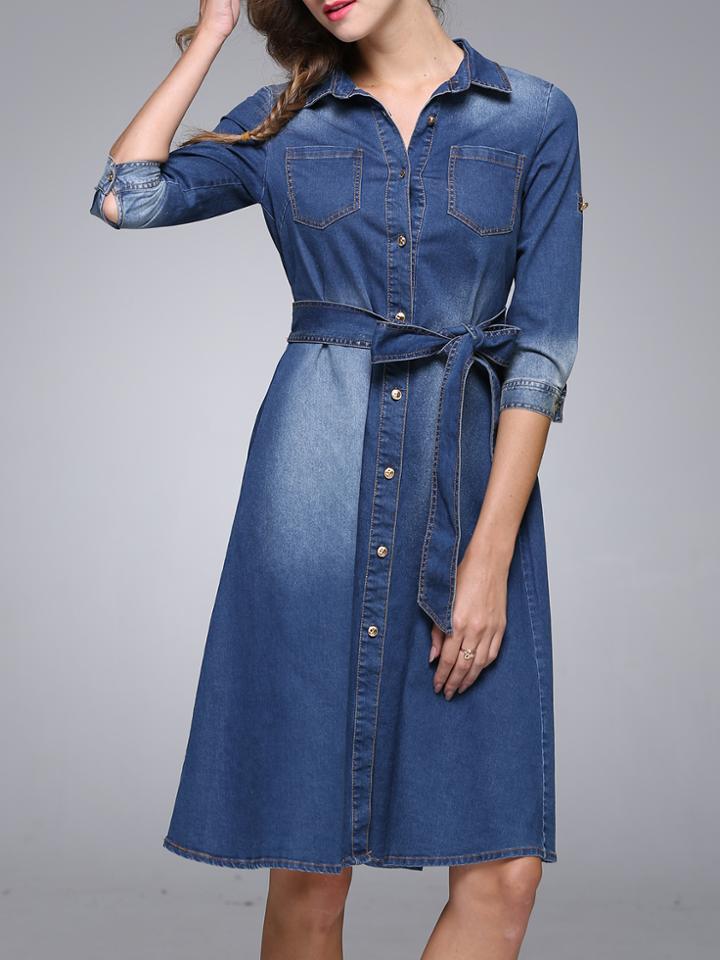 Shein Blue Lapel Tie-waist Denim Dress