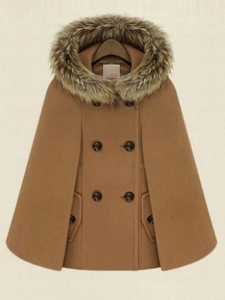 Shein Camel Hooded Double Breasted Pockets Cape Coat