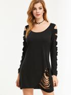 Shein Black Raglan Sleeve Ladder Ripped T-shirt
