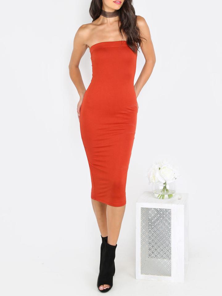 Shein Rust Red Tube Sleeveless Sheath Midi Dress