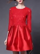 Shein Red Round Neck Length Sleeve Lace Dress