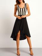 Shein Black White Vertical Stripe High Low Dress