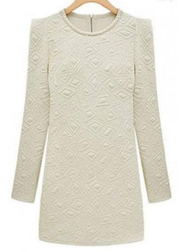 Rosewe Brief Print Design Long Sleeve Round Neck White Dress