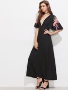 Shein Embroidered Flower Patch Flutter Sleeve Plunging Dress