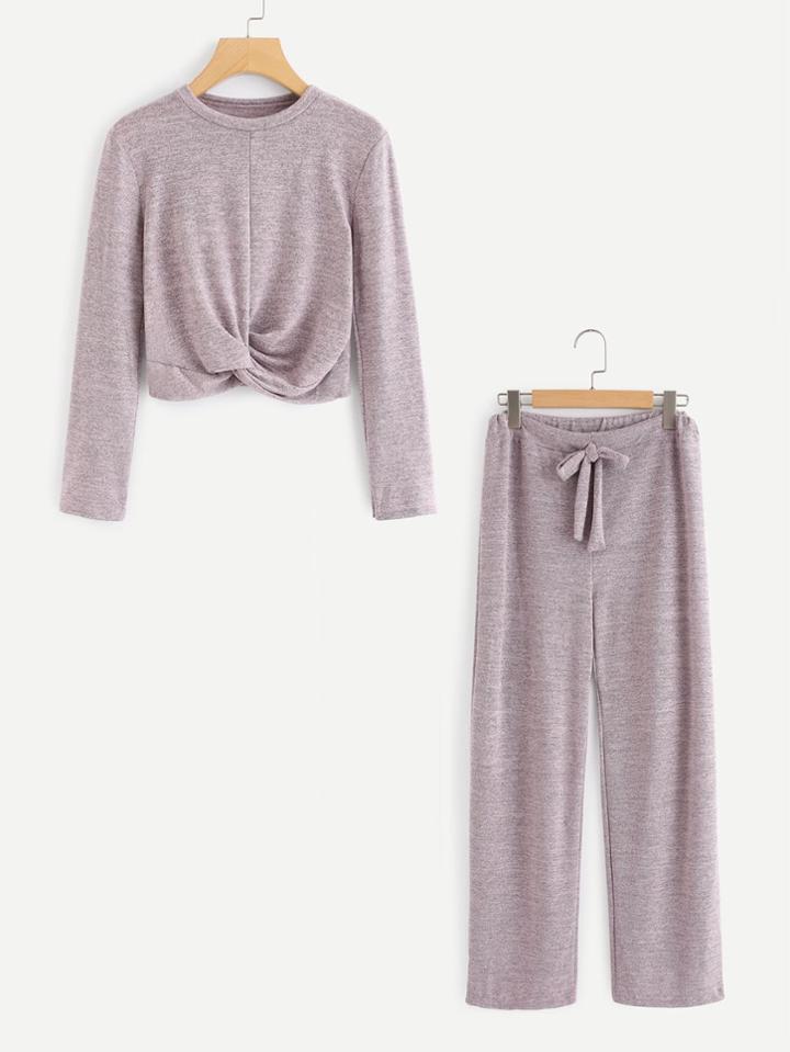 Shein Twist Front Marled Knit Tee & Pants Set