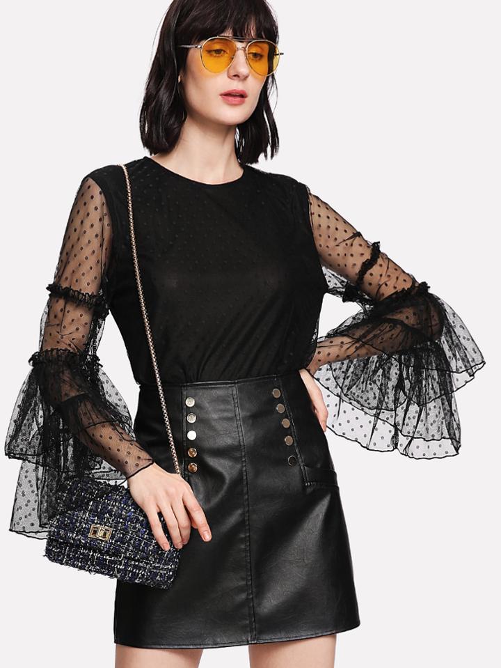 Shein Debby Mesh Overlay Ruffle Sleeve Top