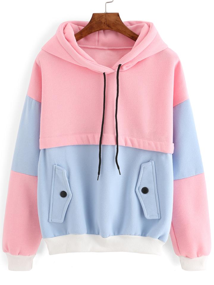 Shein Color Block Drawstring Hooded Sweatshirt