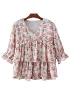 Shein Beige Half Sleeve Ruffle Flowers Print Blouse