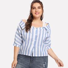 Shein Plus Striped Cold Shoulder Button Blouse