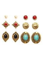 Shein Antique Gold Carved Gemstone Stud Earrings Set