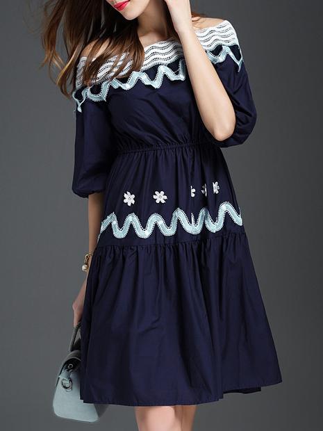 Shein Navy Off The Shoulder Elastic-waist Dress