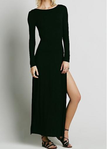 Rosewe Open Back Double Side Slit Black Maxi Dress
