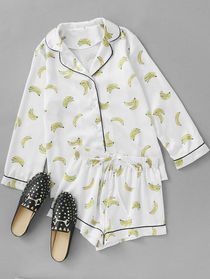 Shein Contrast Piping Banana Print Shirt & Shorts Pajama Set