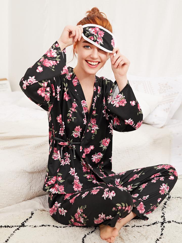 Shein Calico Print Wrap Top & Pants Pj Set