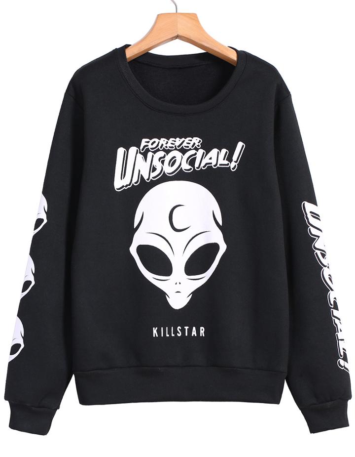 Shein Black Long Sleeve Skull Print Sweatshirt