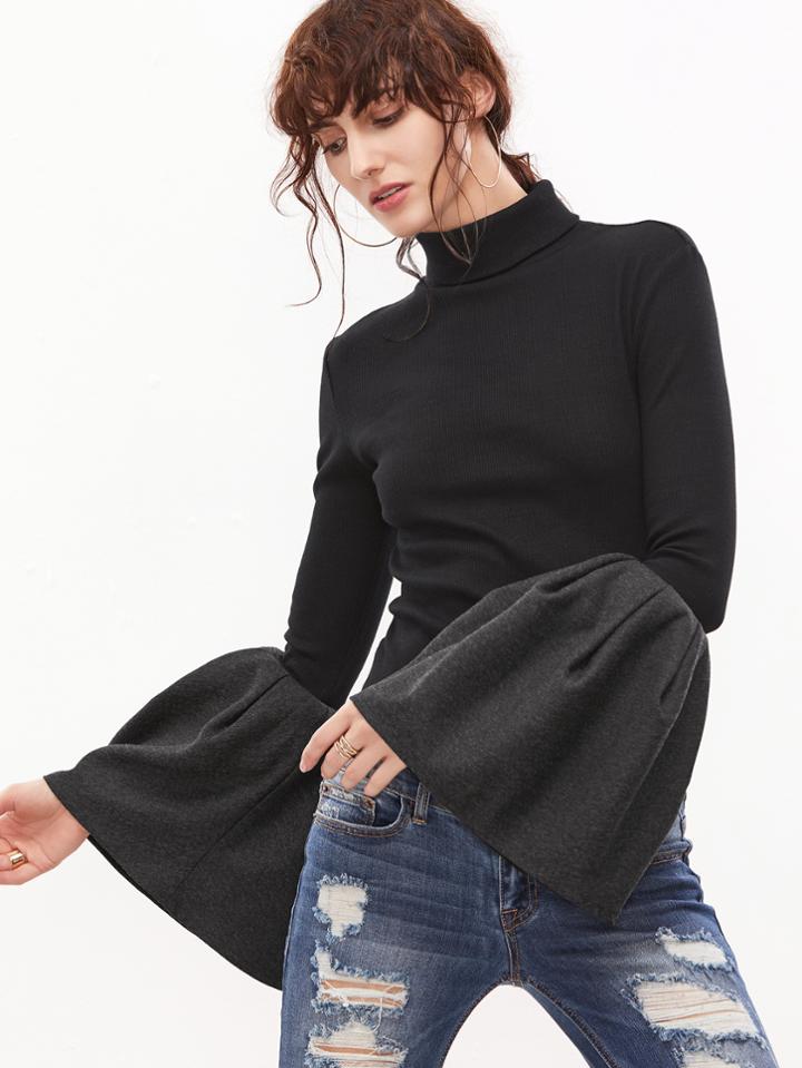 Shein Black Ribbed Knit Turtleneck Oversized Bell Sleeve T-shirt