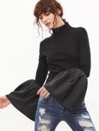 Shein Black Ribbed Knit Turtleneck Oversized Bell Sleeve T-shirt