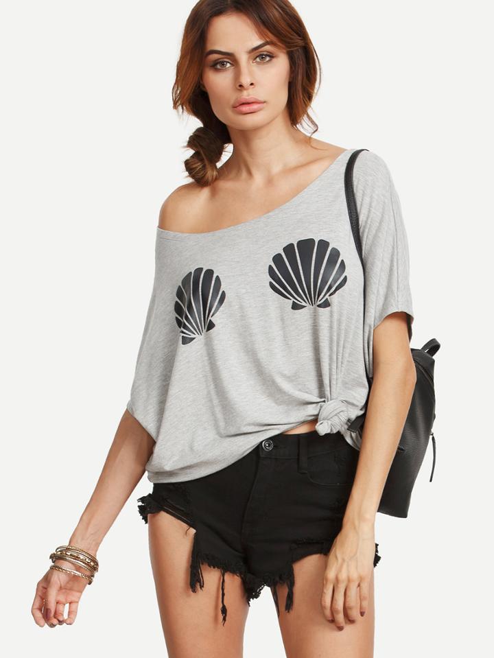 Shein Grey Shell Print Casual T-shirt