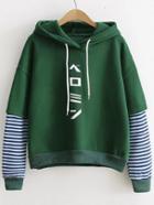 Shein Green Striped Sleeve 2 In 1 Hooded Sweatshirt