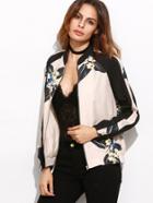 Shein Color Block Flower Print Raglan Sleeve Bomber Jacket