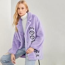 Shein Letter Embroidered Drop Shoulder Faux Fur Teddy Coat