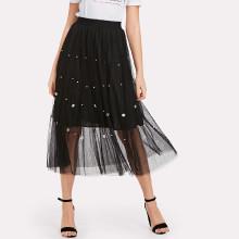 Shein Pearl Beading Mesh Overlay Skirt