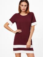 Shein Burgundy White Patchwork Short Sleeve Shift Dress