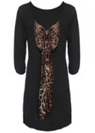 Rosewe Leopard Print Bowtie Decorated Black Dress