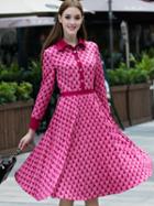 Shein Rose Red Lapel Long Sleeve Print Dress