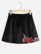 Shein Embroidered Appliques Drawstring Tassel Suede Skirt