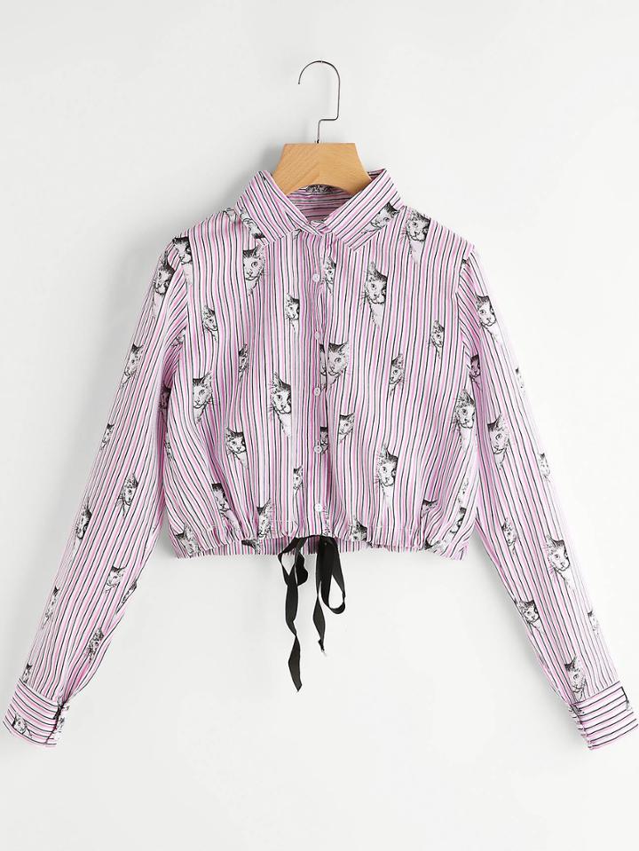 Shein Pinstripe Cat Print Tie Front Blouse