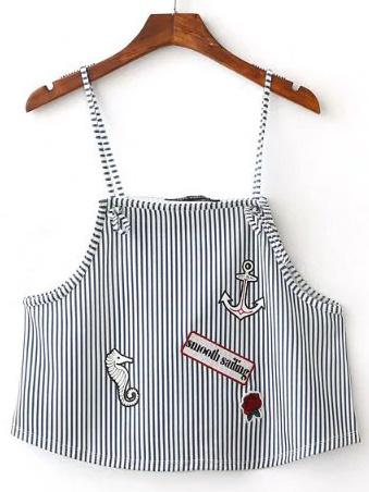 Shein Blue And White Embroidery Stripe Cami Top