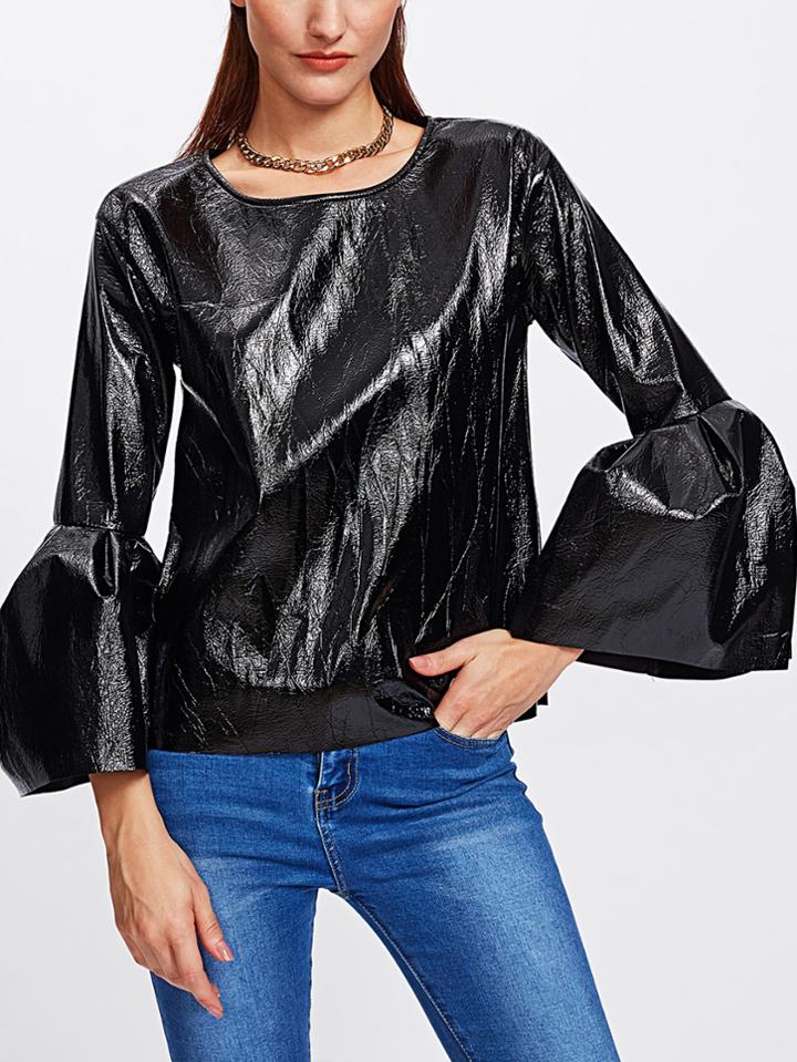 Shein Trumpet Cuff Pu Blouse
