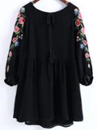 Shein Black Flower Embroidery Tassel Tie Dress