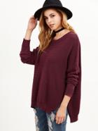 Shein Burgundy Ribbed Knit Drop Shoulder Slit Oversized Sweater