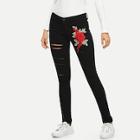 Shein Floral Embroidered Applique Ripped Pants