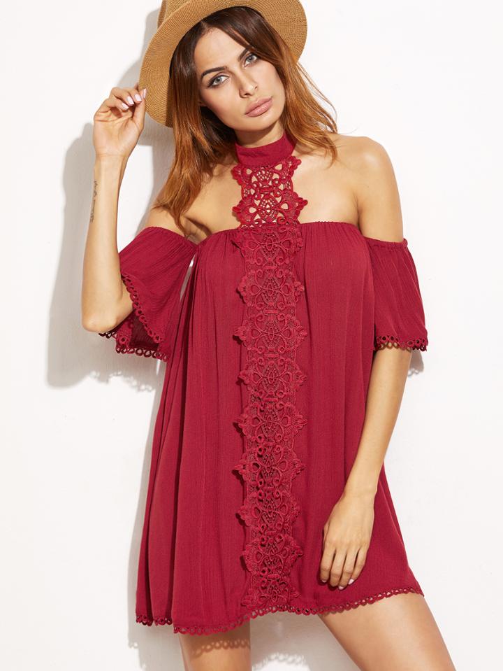 Shein Burgundy Embroidered Lace Applique Halter Neck Dress