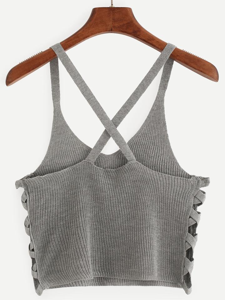 Shein Grey Lattice Side Knitted Crop Cami Top