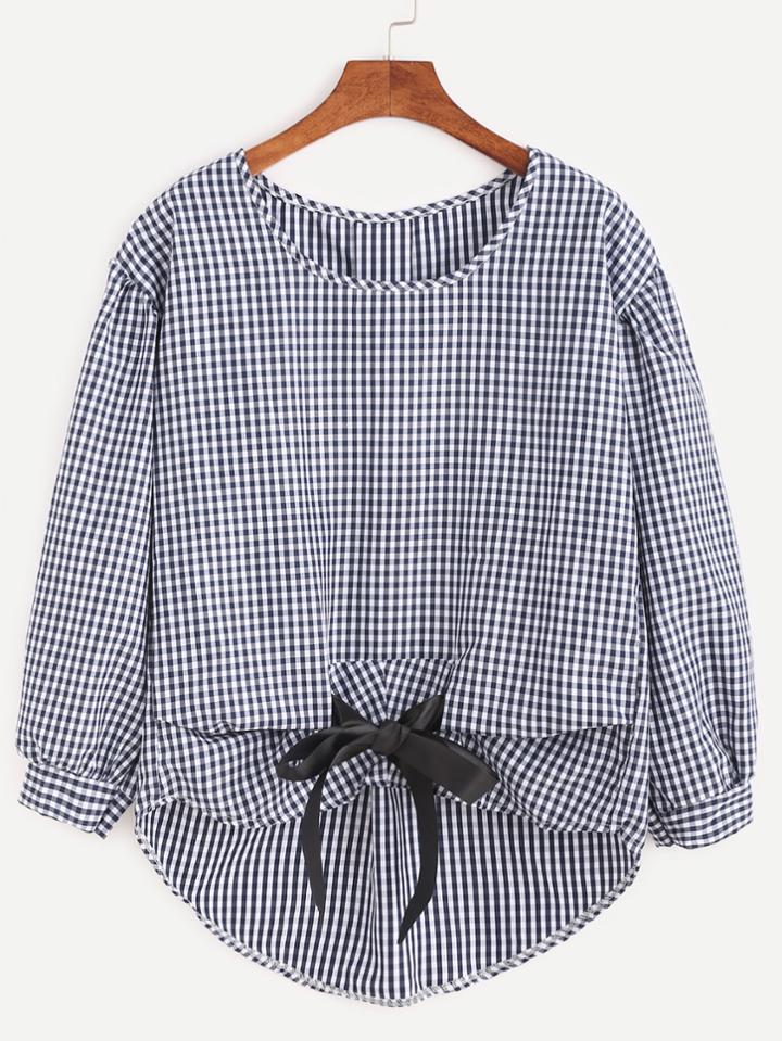 Shein Checkered Bow Tie High Low Blouse