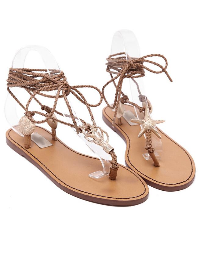Shein Brown Lace Up Star Flip Sandals